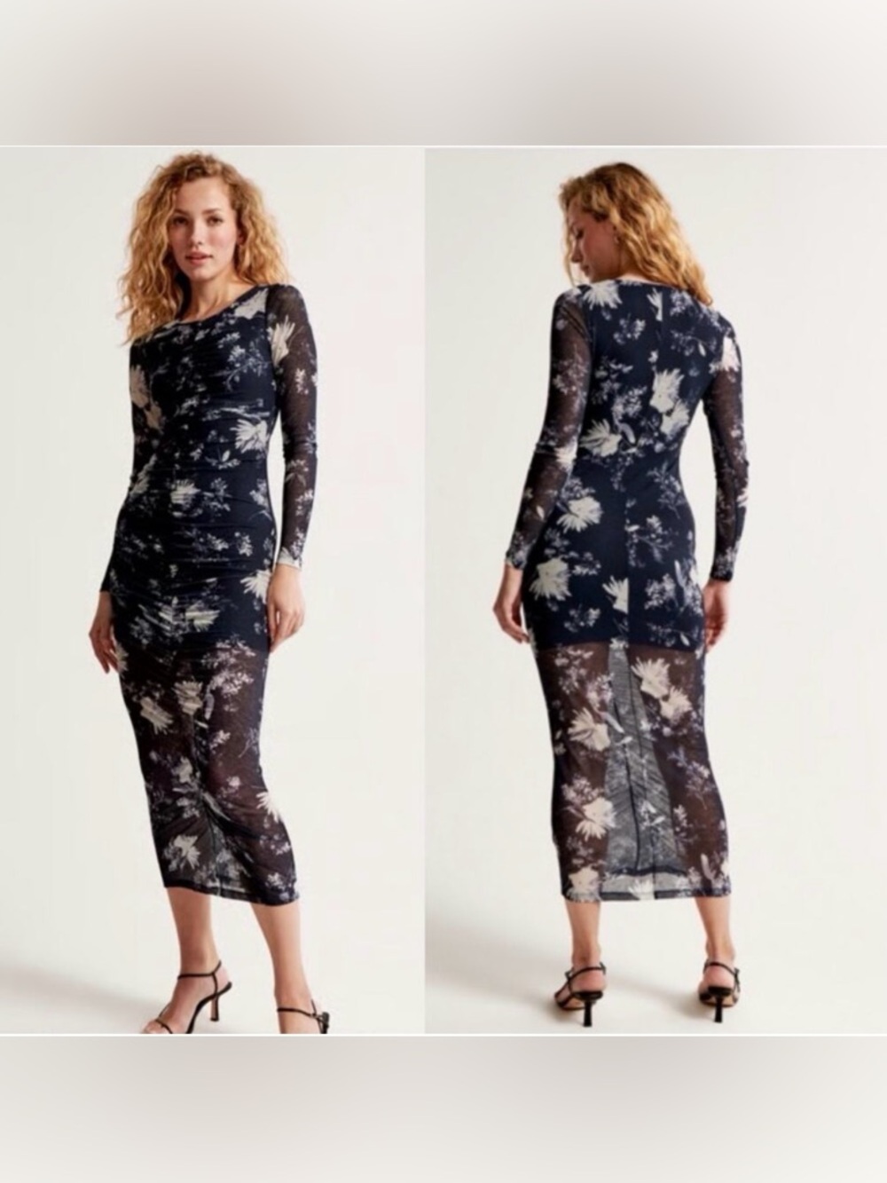 Abercrombie & Fitch Long Sleeve Floral Ruched Mesh Midi Dress